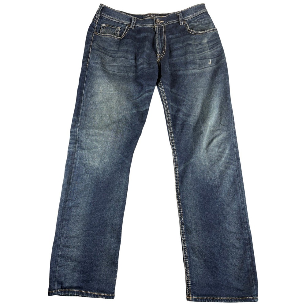 Silver Jeans Co Grayson Jeans Mens 38x36 Blue Straight Distressed Washed Worn